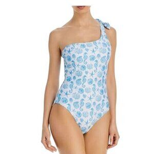Aqua Swim Blue & White One-Piece With Asymmetric Neck & Strap Seashell Print XS